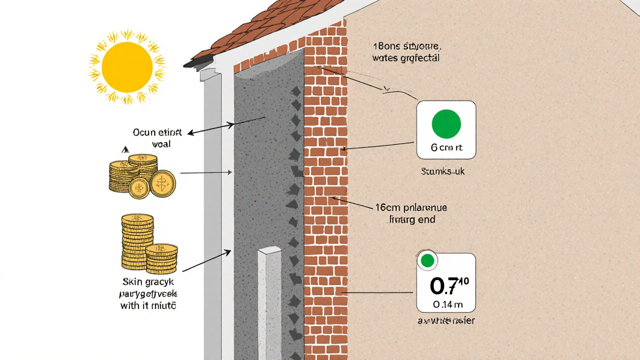 Průřez domu s vrstvami izolace a tepelnými proudy, znázorňující úsporu tepla.