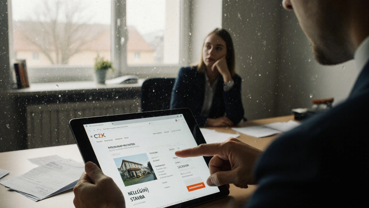 Realitní agent ukazuje na tablet s výpisem z katastru, kde je nemovitost označena jako nelegální.