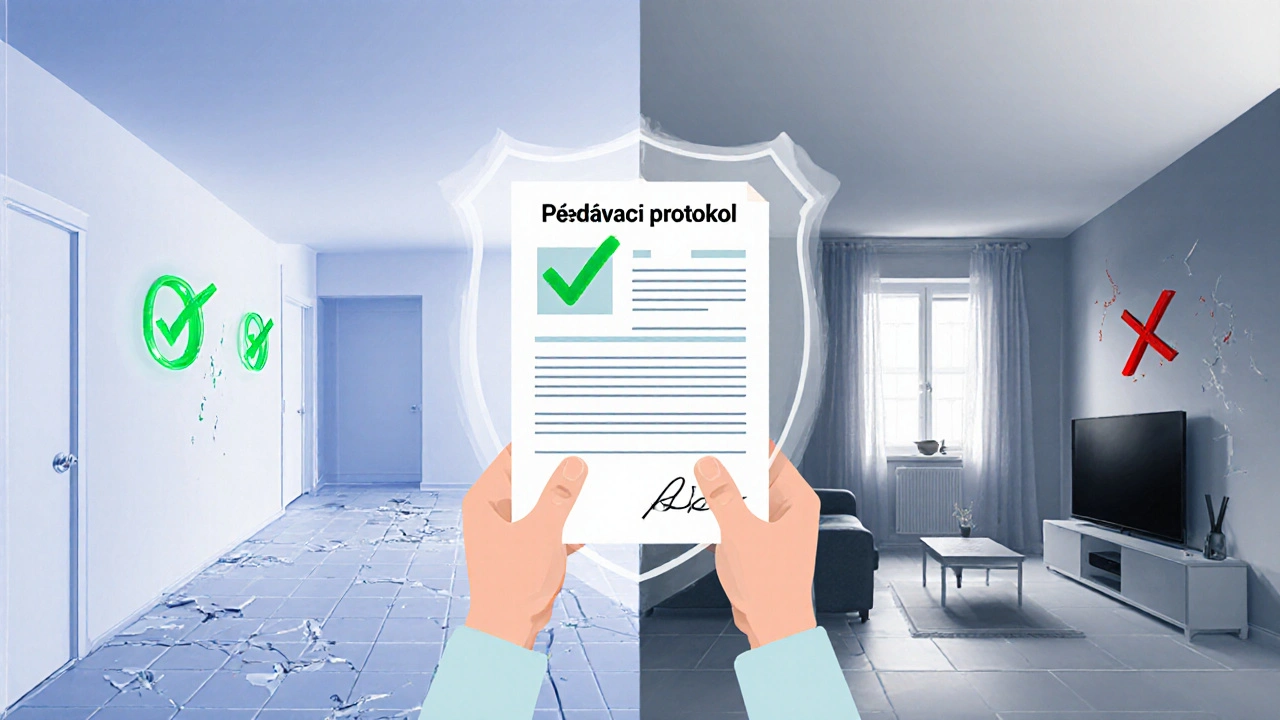 Rozdělený byt: levá strana čistá a poškození, pravá strana poškozená, mezi nimi protokol jako ochranný štít.