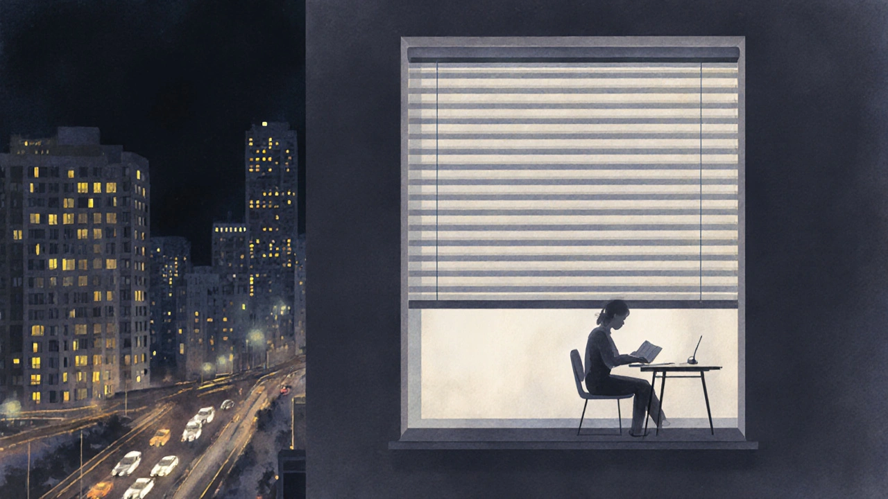 Rozsvícené rolety den a noc v městském bytě umožňují světlo bez ztráty soukromí.