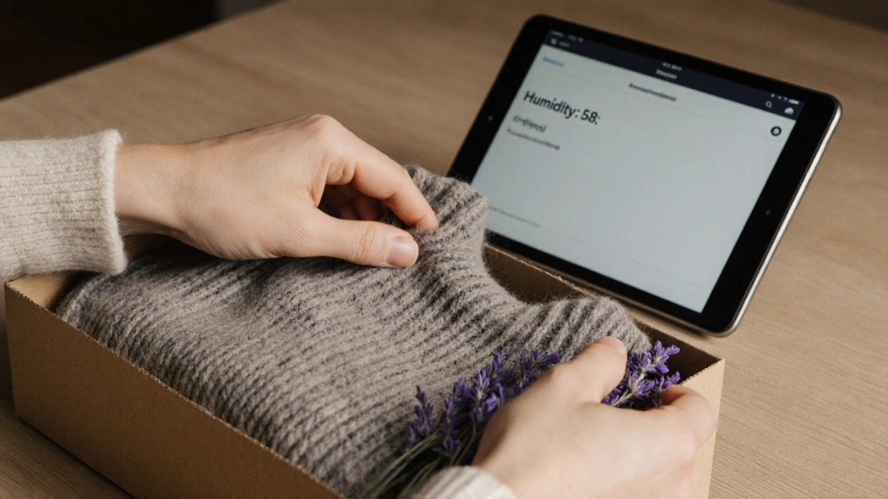 Ruka ukládá vlněný svetr do krabice, zároveň tablet ukazuje optimální vlhkost.