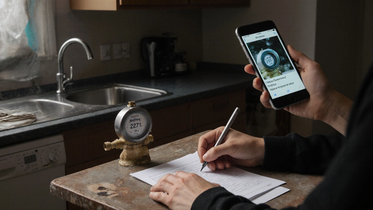 Ruka zapisuje čtení vodoměru na papír, vedle ní smartphone zobrazuje fotografii měřiče s časem.
