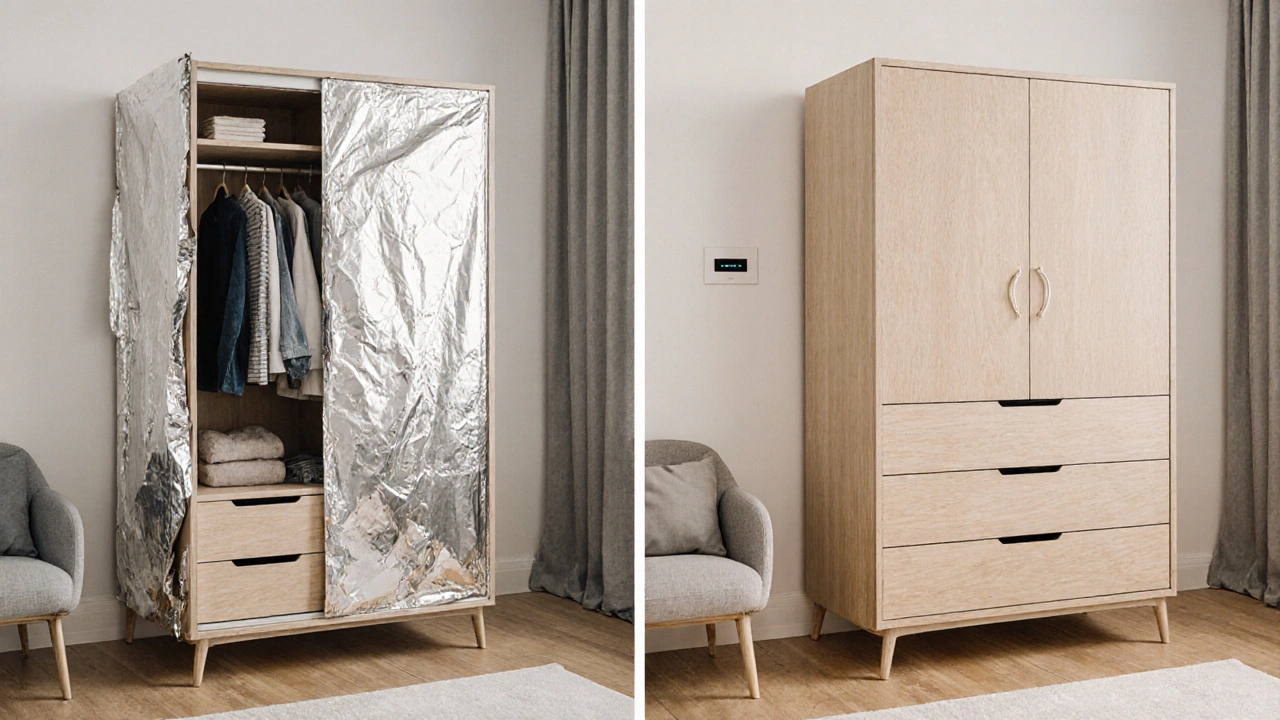 Side-by-side comparison of worn-out mass-produced furniture versus durable custom-made cabinet.