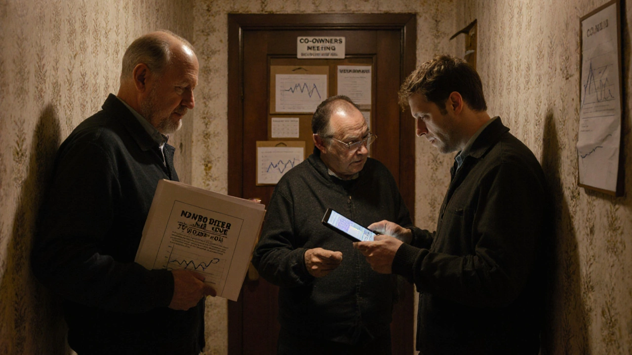 Sousedé se scházejí k rozhodování o prodeji podílu v bytovém domě.