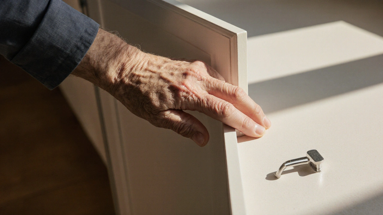 Starší osoba jemně tlačí na kuchyňskou skříň, vedle ní leží malá příložná úchytka.