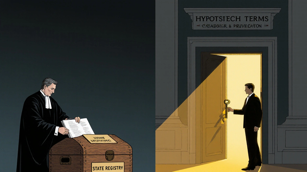 Symbolická váha: notář ukládá dokumenty do schránky, advokát otevírá dveře s klíčem.