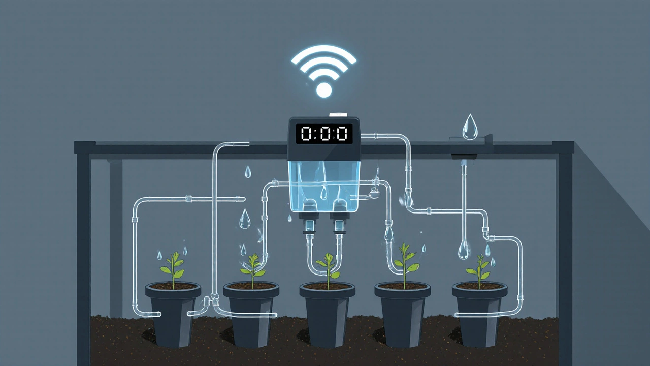 Technický náčrt aktivního zavlažovacího systému s čerpadlem a trubičkami vedoucími k květináčům.