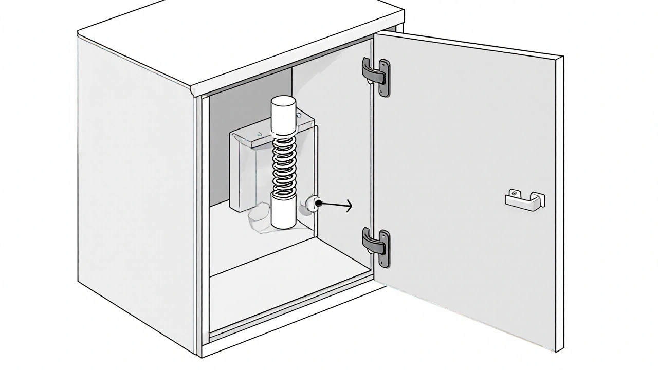 Technický náčrt skrytého mechanismu push-to-open proti tradičnímu madlu, bez textu.