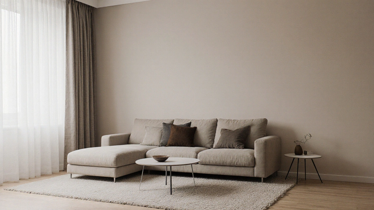 Textilní zónování v bytě: koberec pod pohovkou, jemné závěsy a přehozy v barevném schématu 60:30:10.