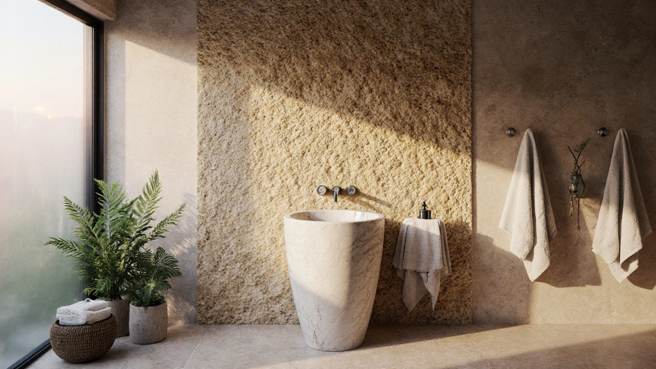 Travertínová stěna s přírodní texturou v klidné, teplé koupelně.