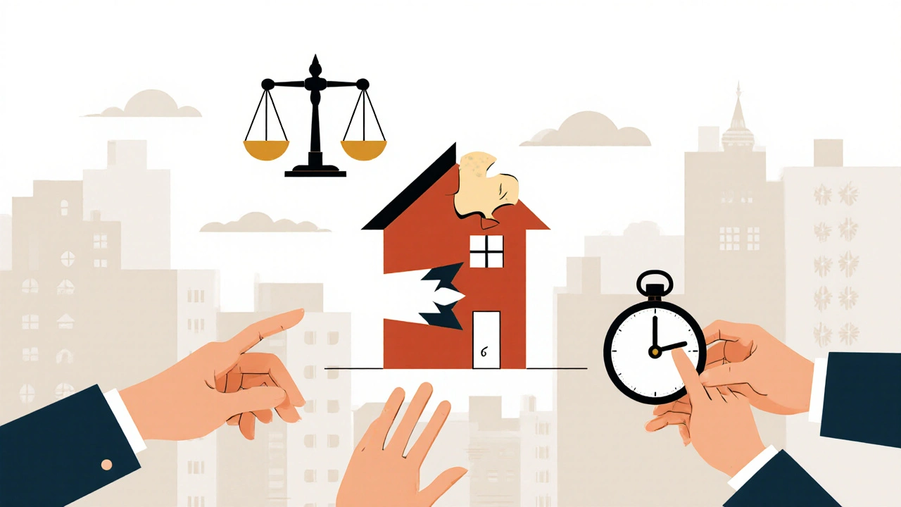 Tři ruce představují převod podílu na nemovitosti s časovou lhůtou 6 měsíců.