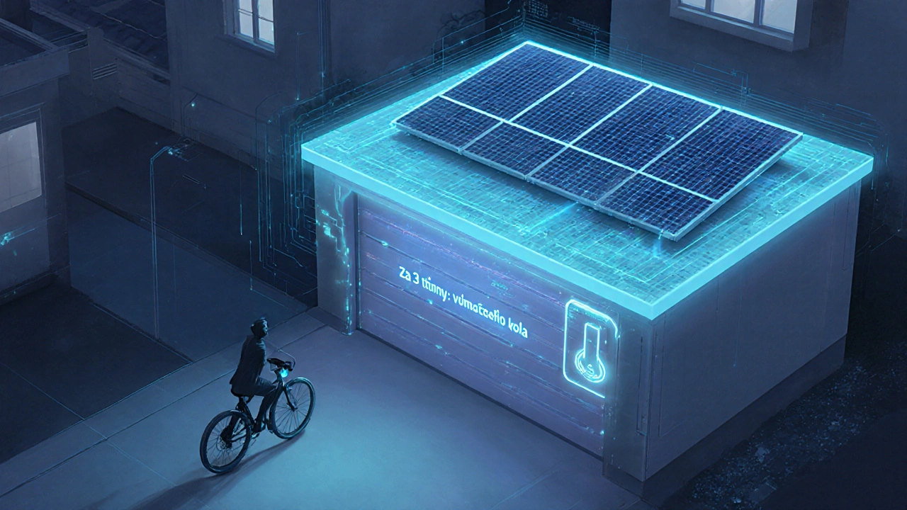 Umělá inteligence předpovídá poruchu garážových vrat s ukazatelem energie a solárními panely.