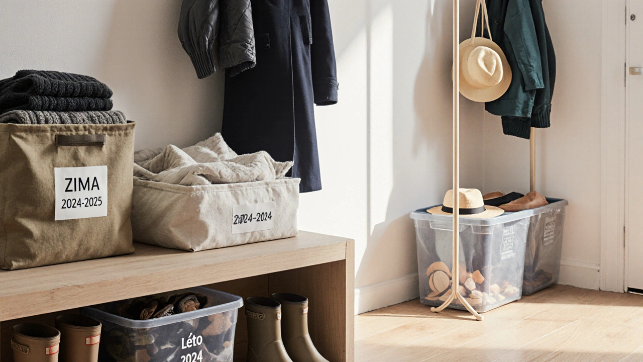Uspořádaná předsíň s dýchatelnými boxy pro zimu a hermetickými krabicemi pro léto, s lavicí a věšákem.