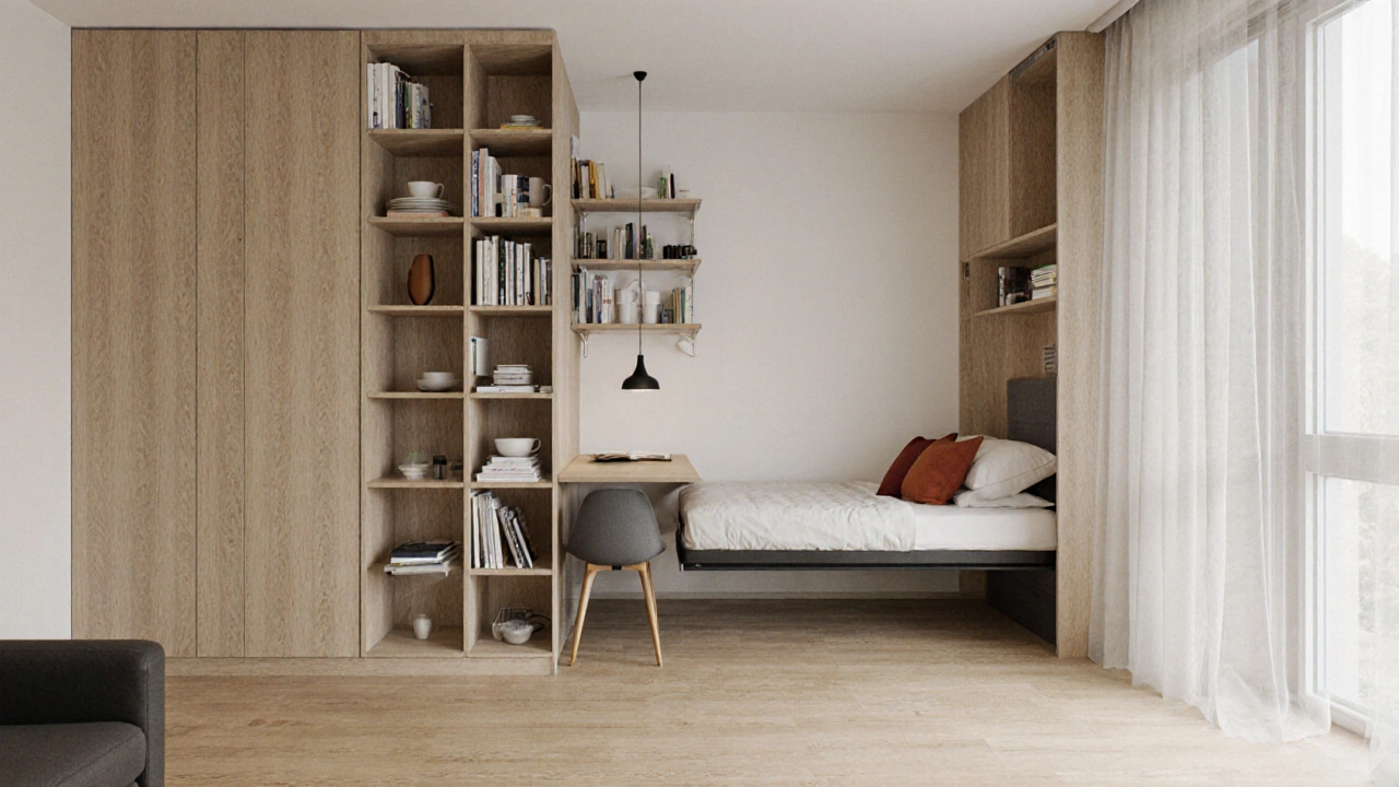 Vertikální úložné systémy až ke stropu, skrytá postel pod stolem a jednotná podlaha v malém bytě s minimalistickým designem.