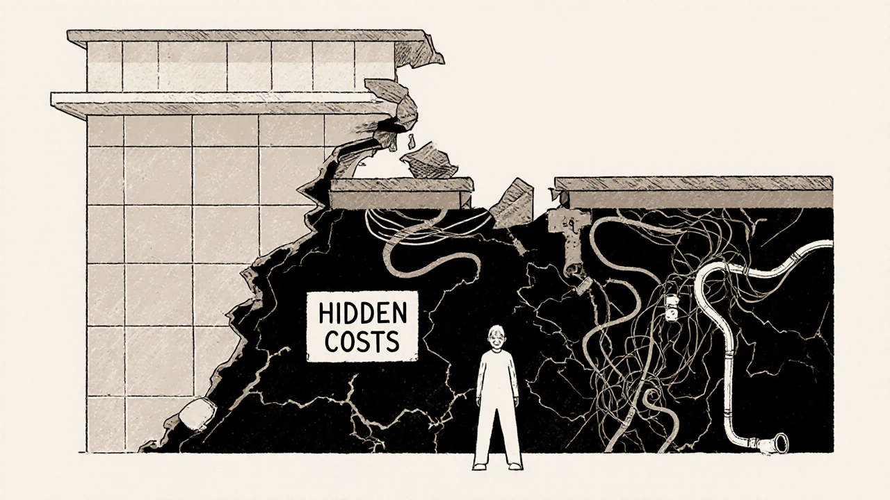 Vizuální reprezentace skrytých nákladů jako tajeného chaosu pod viditelnou rekonstrukcí.