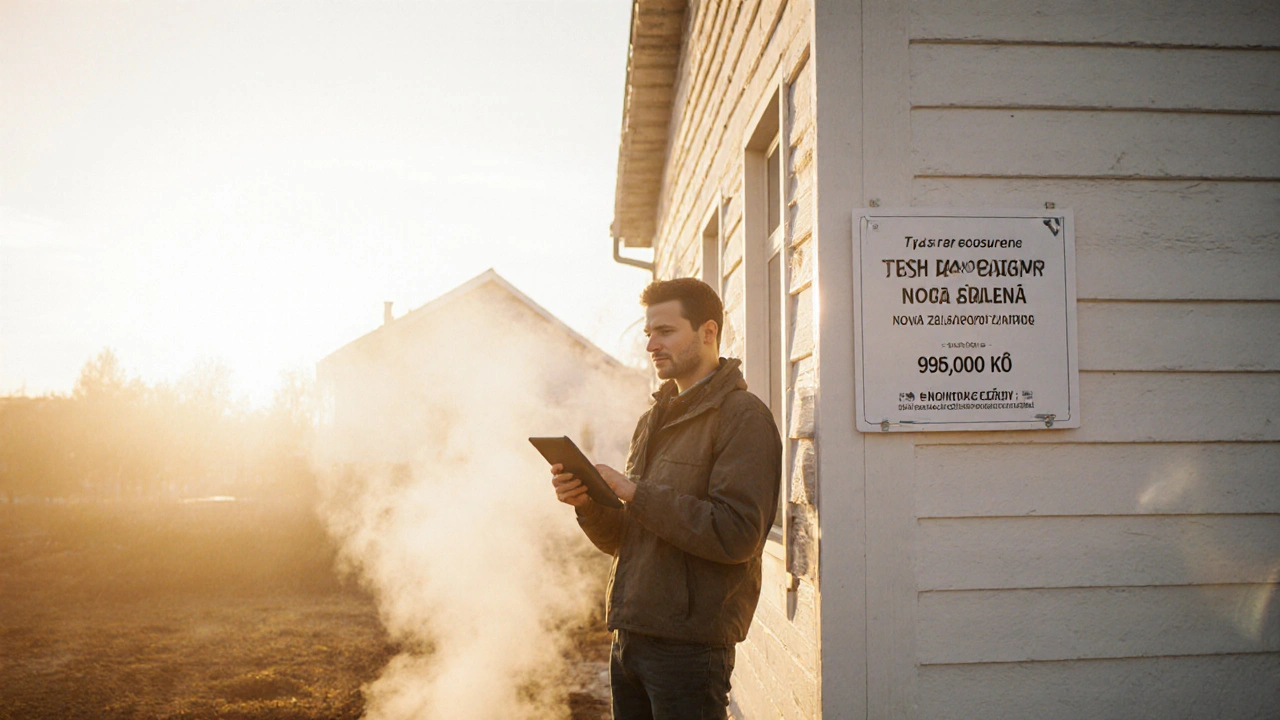 Vlastník domu s tabletovou schválenou dotací před nově zateplenou fasádou.