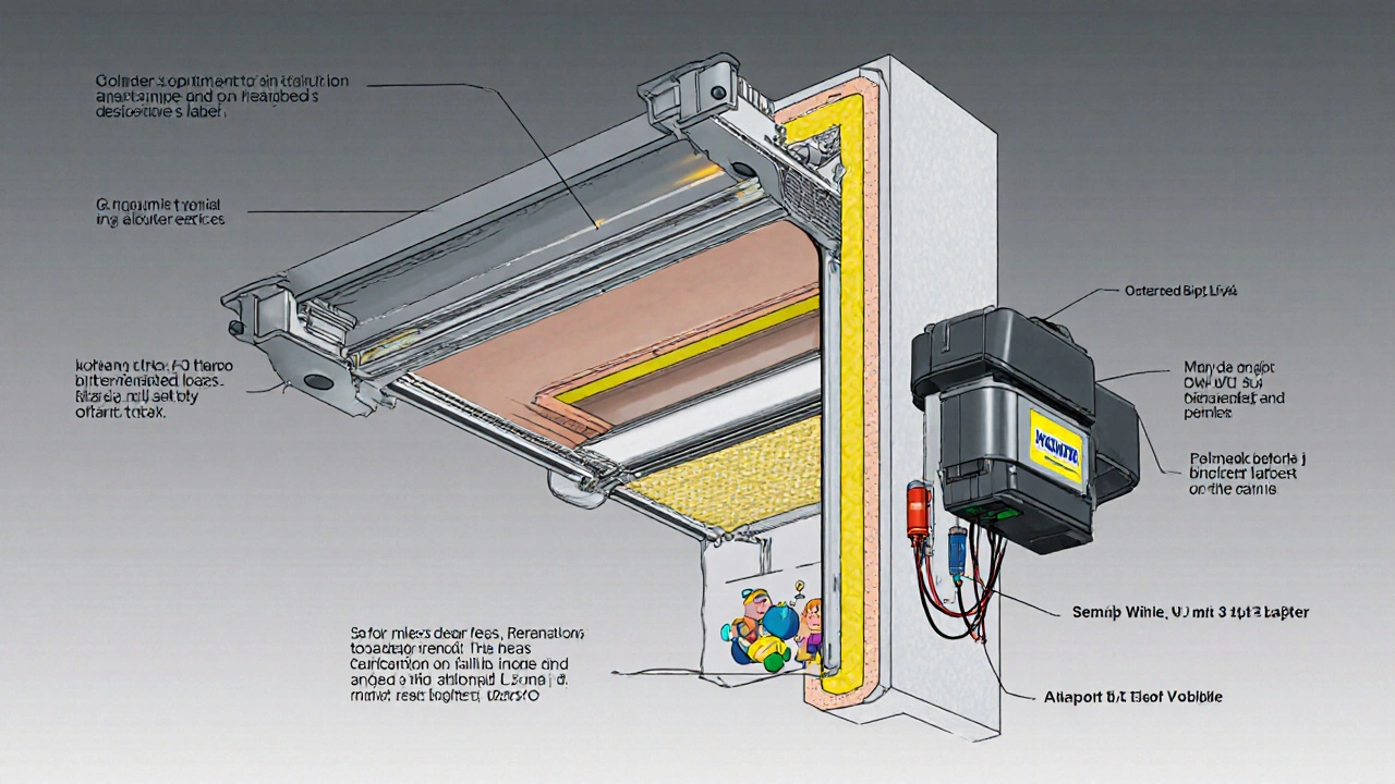 Vnitřní konstrukce certifikovaných garážových vrat s senzory a tepelnou izolací.
