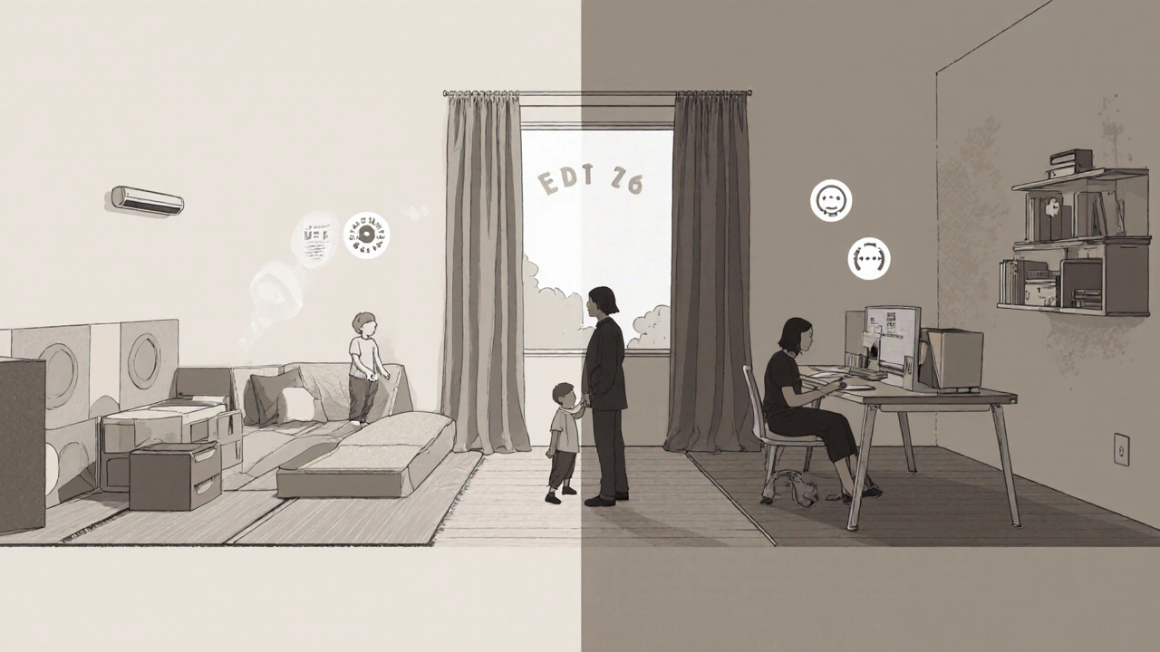 Vývoj obývacího pokoje od dětské hřiště k studovně, s přechodnou zónou a odstranitelnými přepážkami pro růst dítěte.