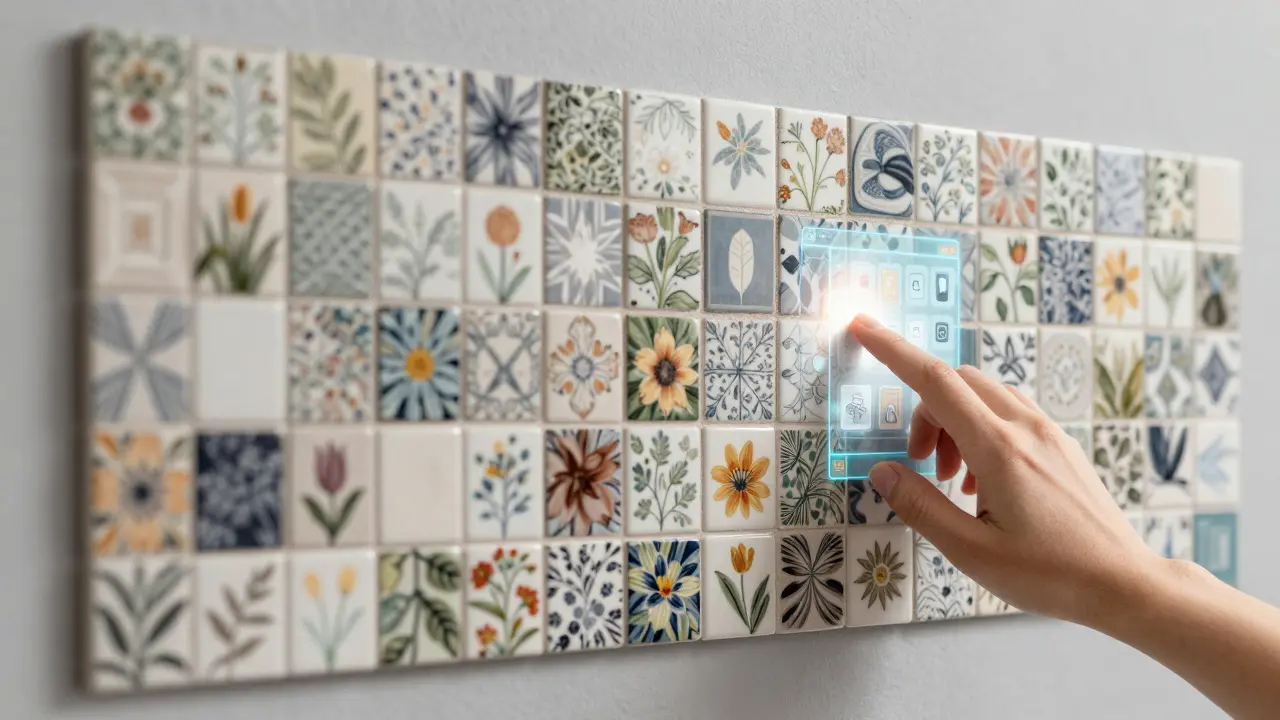 Budoucí patchworkový obklad s vlastním digitálním motivem na hladké keramické ploše.