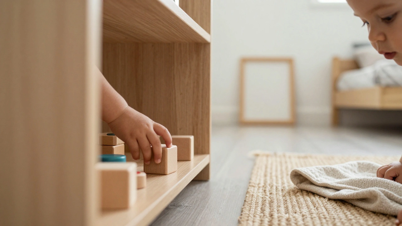 Dítě si vybírá hračku z nízké police v klidném, přehledném prostředí.