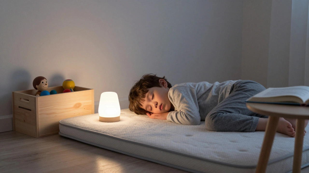 Dítě spí na matraci na podlaze v klidném, tichém pokoji s mírným osvětlením.