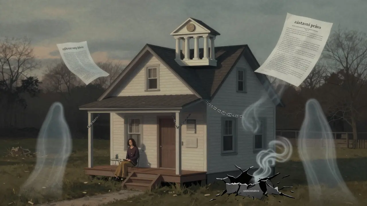 Dům s viditelnými skrytými závazky: užívací právo, dluh a rekonstrukce.