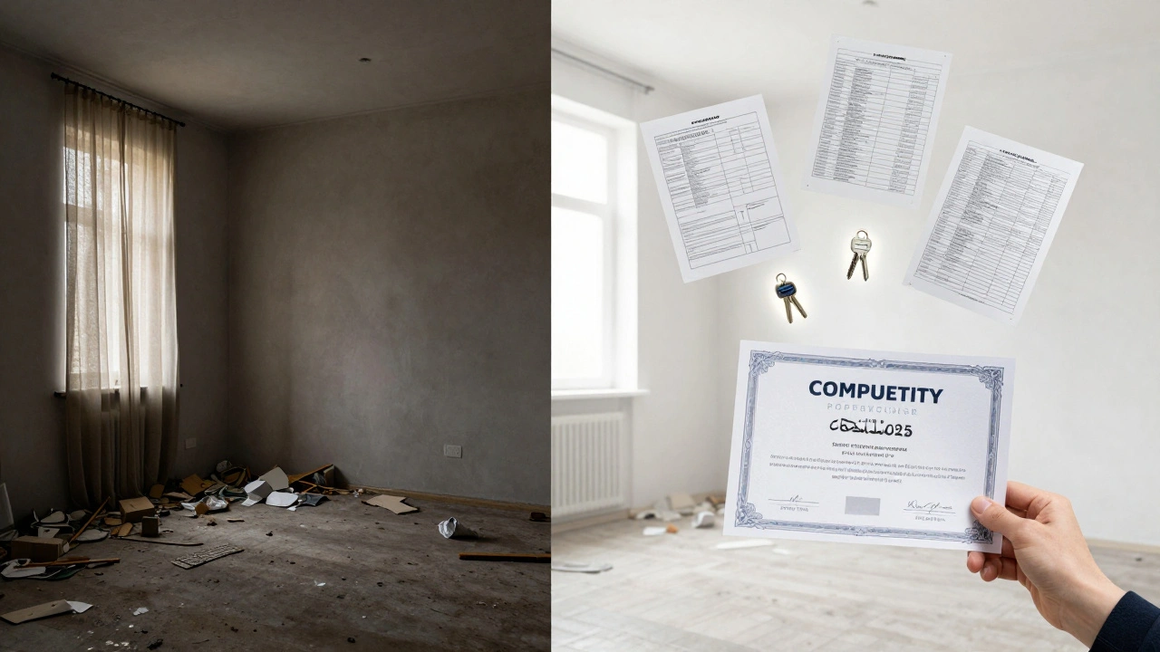 Dvě části scény: špatně připravený byt vlevo a profesionálně připravený vpravo s digitálními dokumenty.