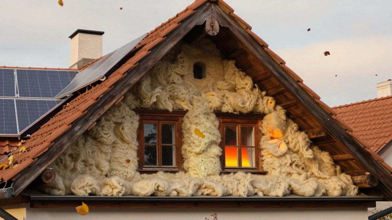 Historický český dům s vnitřním zateplením střechy a obnovovanými okny pod zlatým odpoledním světlem.