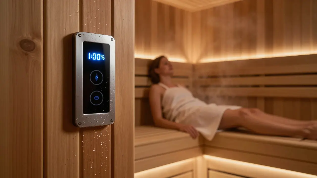 Hybridní saunová kabinou s přepínáním mezi suchým teplem a párou, s LED osvětlením a kapkami vody na stěnách.