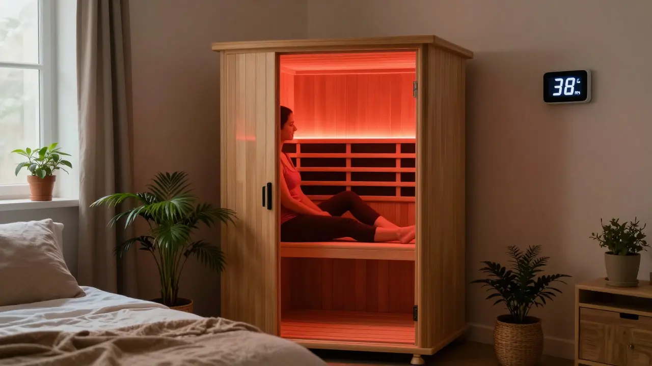Infrasauna v ložnici s teplým červeným zářením, osoba sedí klidně, v pozadí rostliny a digitální časovač.