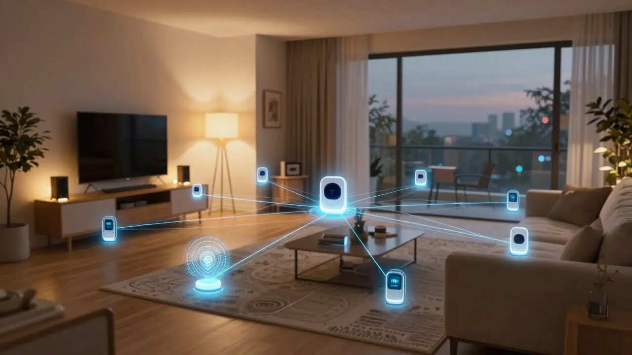 Koncepční znázornění chytrého domácího systému, který se učí návykům uživatelů.