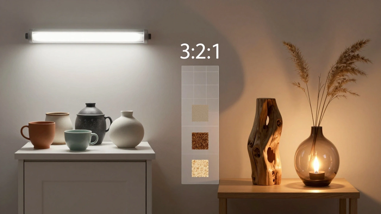 Kontrast mezi nepořádkem a harmonií na komodě: chaos vlevo, minimalismus vpravo.