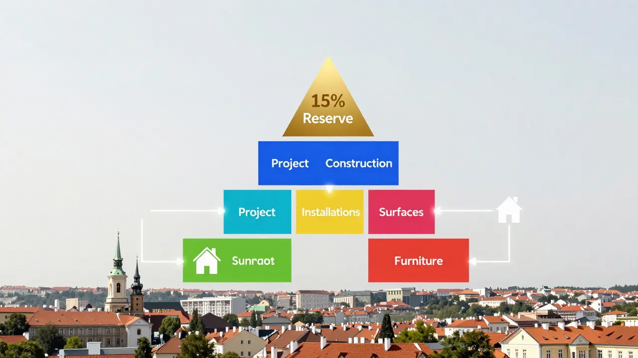 Květový diagram rozpočtu na rekonstrukci s rezervou 15 % a kategoriemi práce.