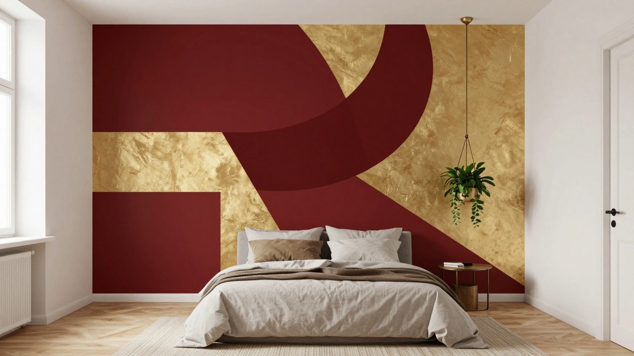 Malý byt s jednou výraznou červeno-zlatou stěnou a minimálním nábytkem pro rovnováhu.