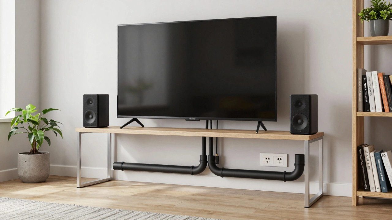 Modular TV unit with organized cable conduits and external speakers in minimalist interior.