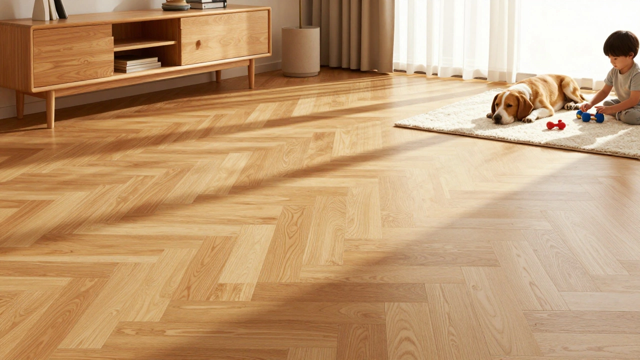 Obývací pokoj s dřevěnou podlahou, pes a dítě na podlaze, teplé osvětlení.