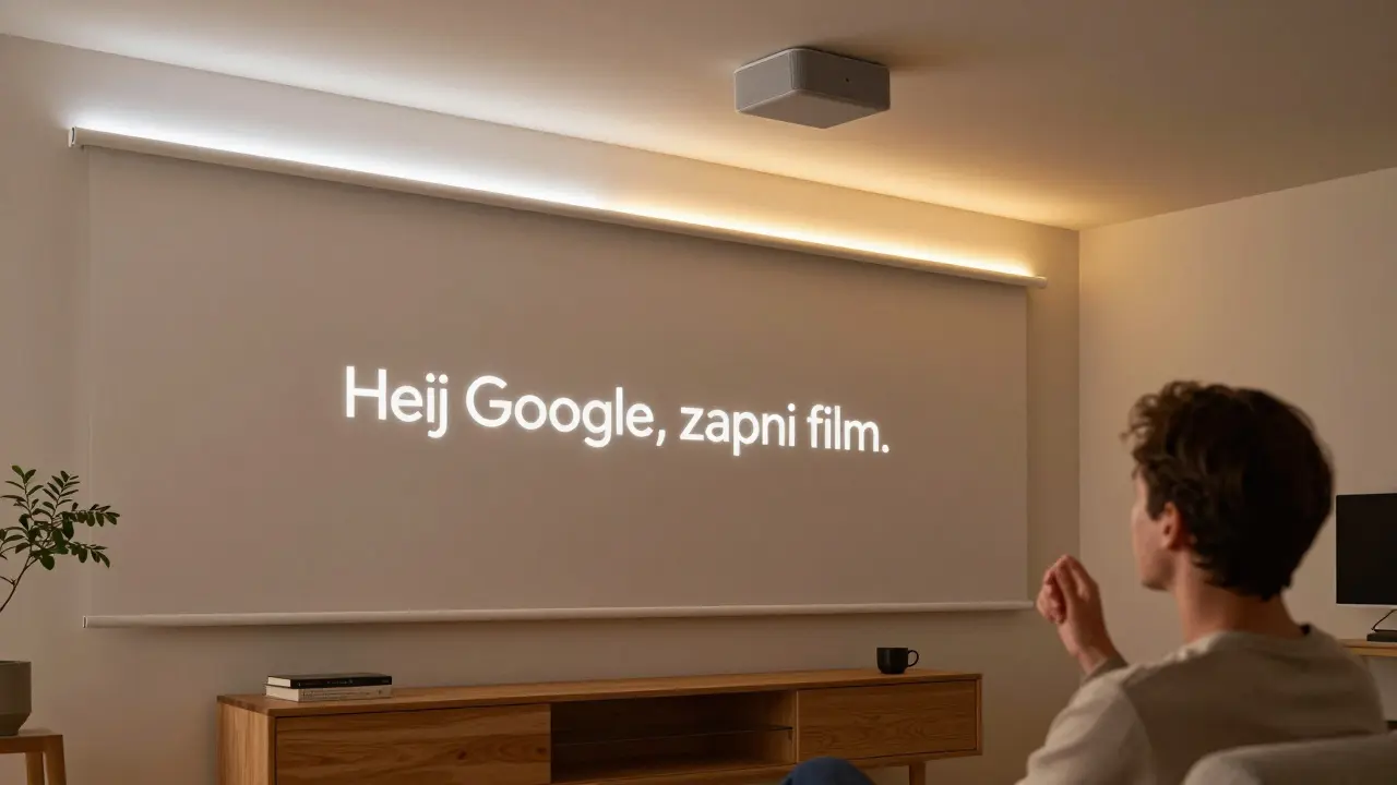 Osoba dává hlasový příkaz, zatímco se automaticky zapíná televize a mění se osvětlení.