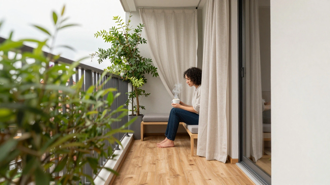 Osoba odpočívá na balkoně s kávou, kde interiér bytu plynule pokračuje do exteriéru.