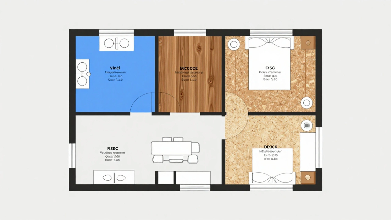 Plán bytu s barevně označenými oblastmi podlah a technickými symboly.