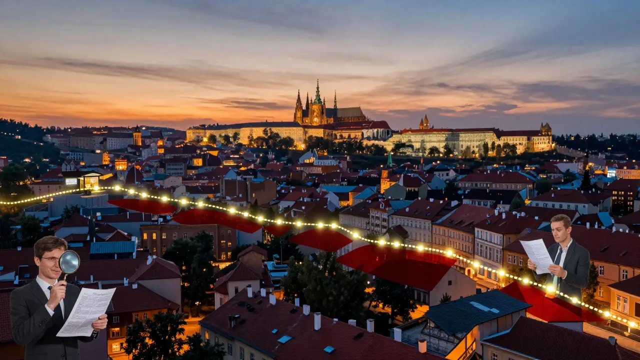 Pohled na Prahu v soumraku s označenými plánovanými linkami metra a vlivem na ceny nemovitostí, světlé skvrny zvyšují hodnotu, tmavé snižují.