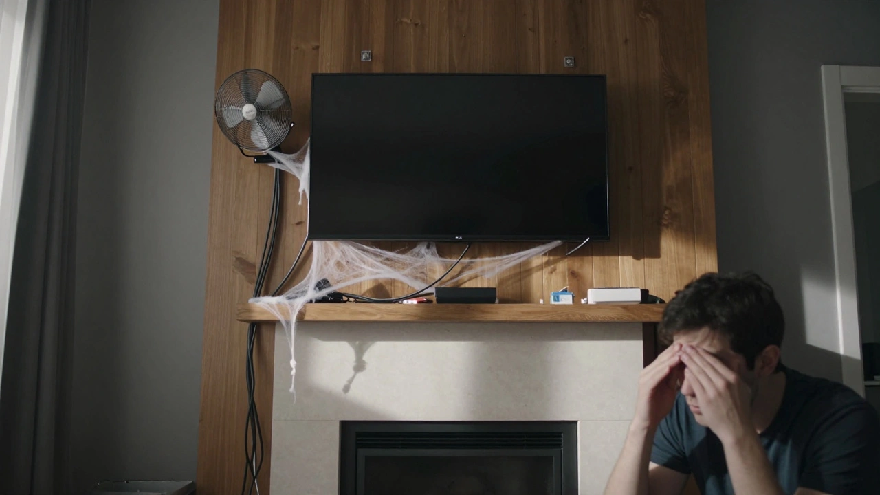 Poorly installed TV with tangled cables, glare from window, and overheating fan.