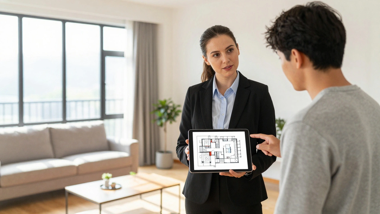 Realitní makléř ukazuje zájemci na tabletu technické plány elektroinstalace a nosných stěn.