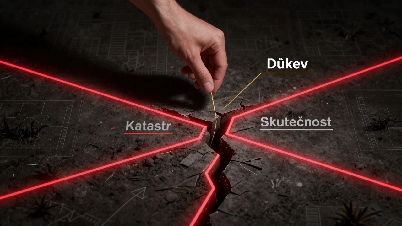 Rozdělený pozemek s chybnými hranicemi v katastru a správnými ve skutečnosti, zlatá nit je napravuje.