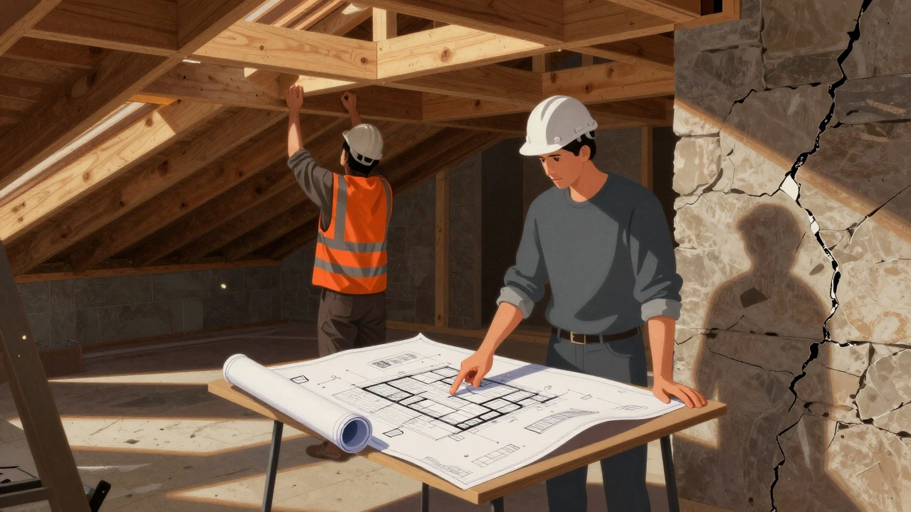 Stavební dozor vysvětluje investoru chyby v projektu na staveništi.