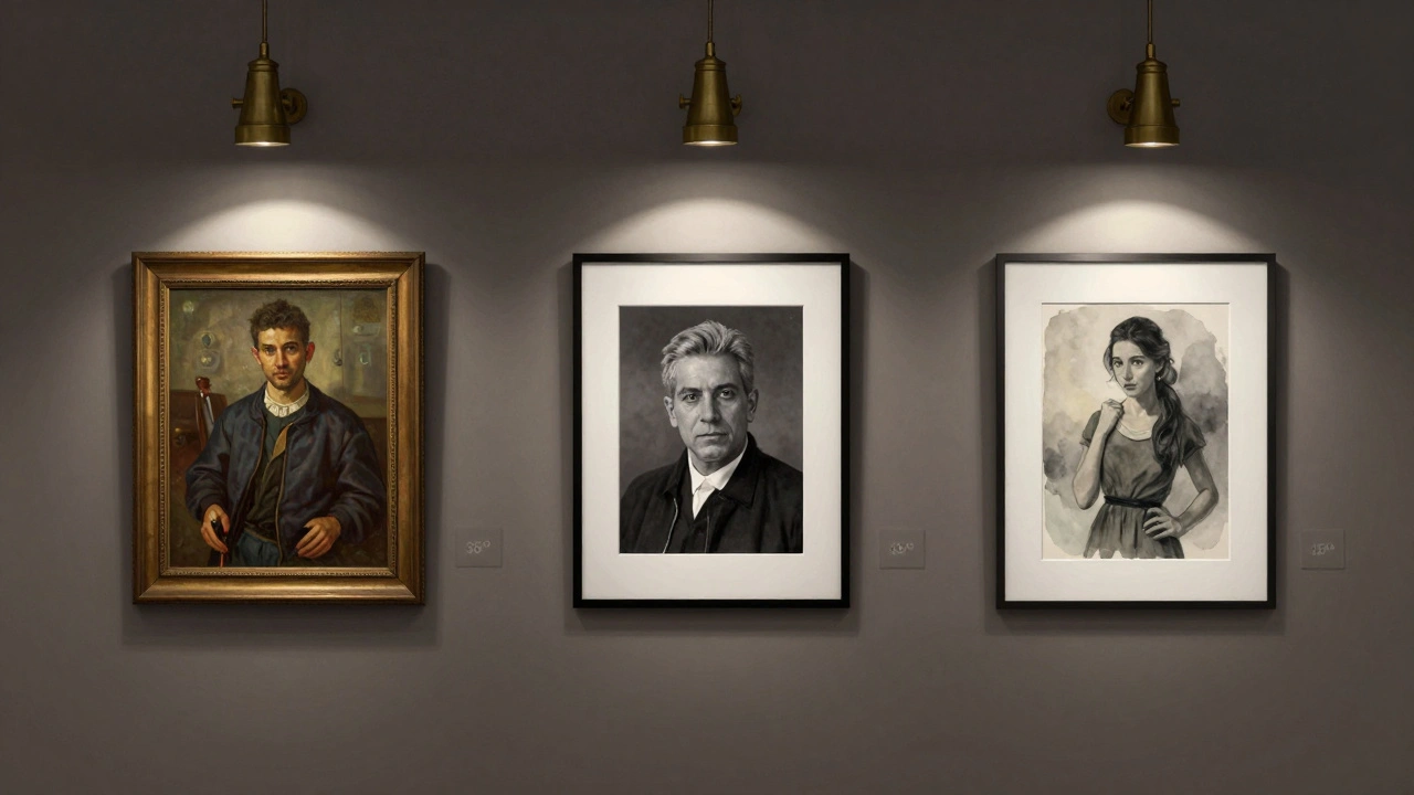 Tři umělecká díla v galerii s individuálně nastaveným osvětlením a jemnými odrazy světla.