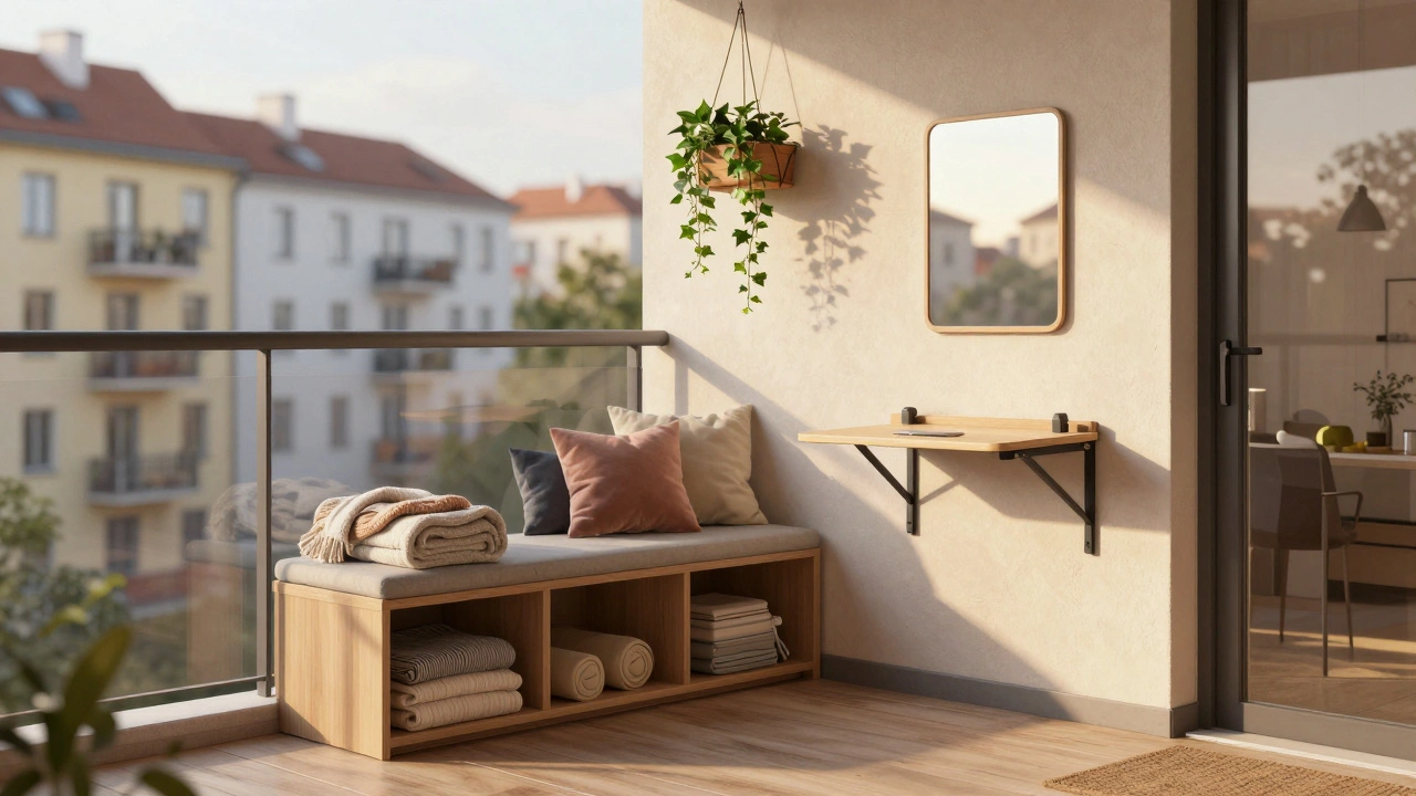 Úložná lavička s rostlinami a zrcadlem na zdi, které zvětšuje prostor na balkoně paneláku.