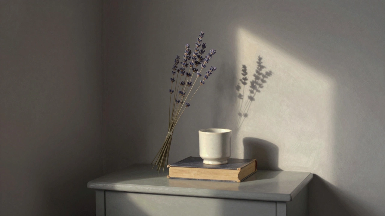 V malé ložnici tři klidné prvky na komodě pod teplým světlem — kniha, svíčka a suché lilie.