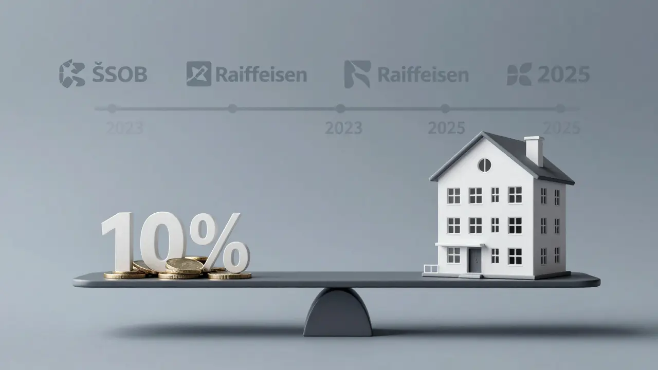 Váha s 10% vlastními zdroji a bytem, symbolizující požadavky na hypotéku v ČR 2025.