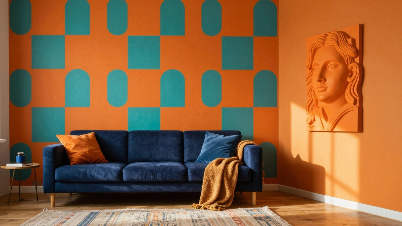 Výrazná geometrická tapeta v oranžové a tmavě zelené barvě s trojrozměrným reliéfem na zdi.