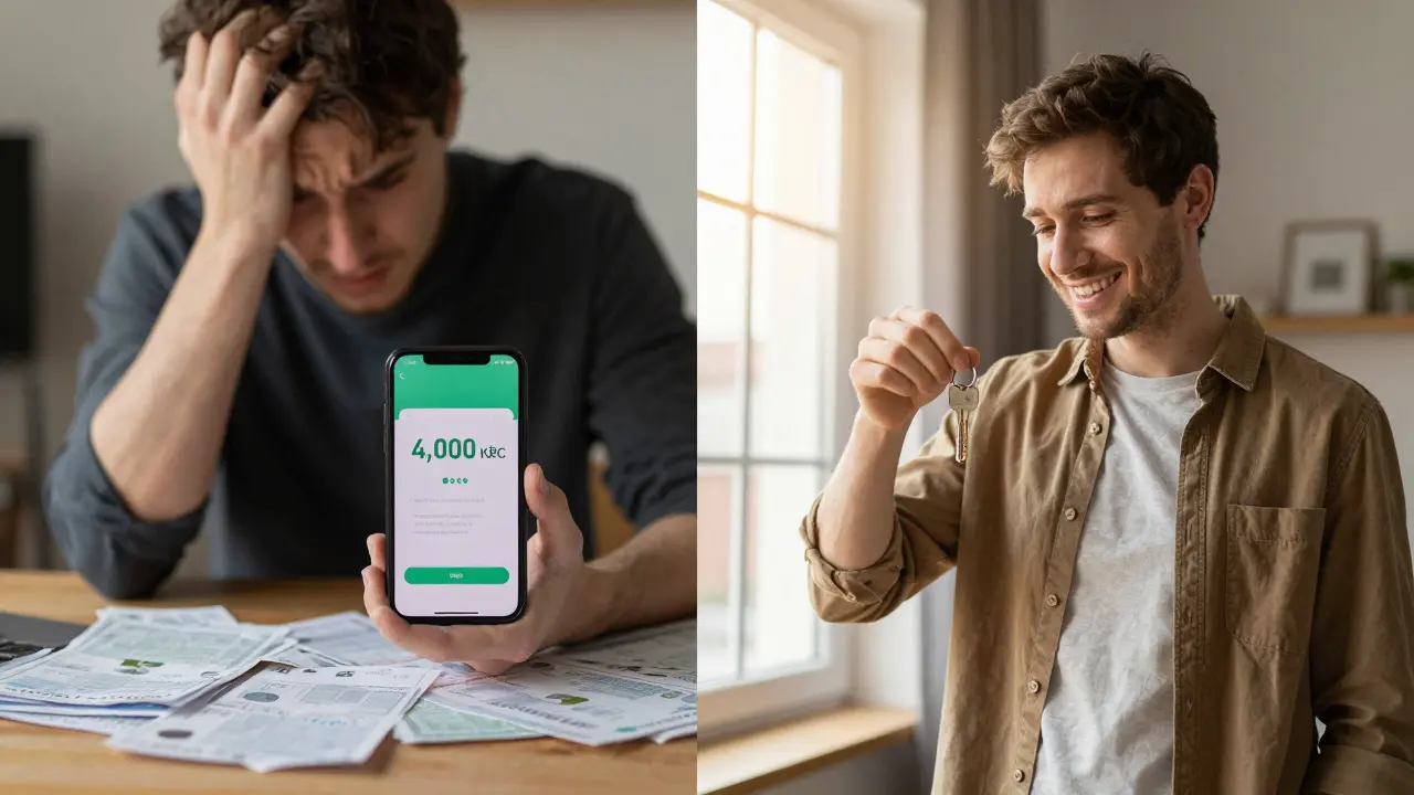 Dva lidé: jeden stresovaný s nárůstem splátky, druhý klidný s pevnou splátkou.